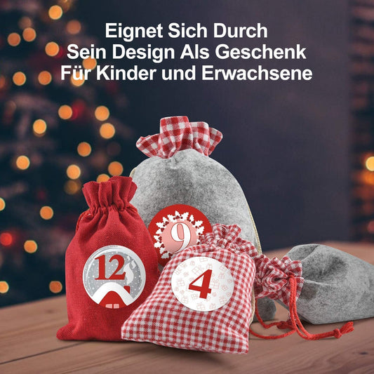 24 Weihnachts-Adventskalender-Kordelzug-Taschen, Sackleinen-Stoff-Countdown-Geschenkbeutel mit Tags, Zahlen & Schnur